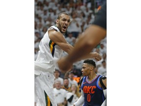 Utah Jazz center Rudy Gobert, reacts to a non-call in the first half during Game 4 of an NBA basketball first-round playoff series against the Oklahoma City Thunder Monday, April 23, 2018, in Salt Lake City.