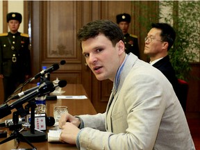 American student Otto Warmbier speaks as Warmbier is presented to reporters in Pyongyang, North Korea.  U.S. officials say the Trump administration will ban American citizens from traveling to North Korea following the death of university student Otto Warmbier, who passed away after falling into a coma into a North Korean prison.