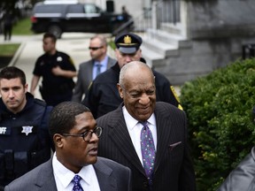 Bill Cosby, center, arrives for his sexual assault trial at the Montgomery County Courthouse, Monday, April 9, 2018, in Norristown, Pa.