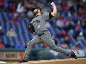 Arizona Diamondbacks starting pitcher Robbie Ray throws during the first inning of a baseball game against the Philadelphia Phillies, Tuesday, April 24, 2018, in Philadelphia.