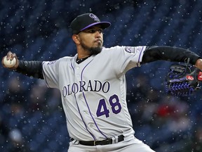 Colorado Rockies starting pitcher German Marquez delivers in the first inning of a baseball game against the Pittsburgh Pirates in Pittsburgh, Monday, April 16, 2018.