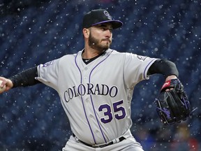 Colorado Rockies starting pitcher Chad Bettis delivers in the first inning of a baseball game against the Pittsburgh Pirates in Pittsburgh, Tuesday, April 17, 2018.