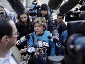 Attorney Gloria Allred speaks to the media during a break in Bill Cosby's sexual assault trial, Wednesday, April 11, 2018, at the Montgomery County Courthouse in Norristown, Pa.