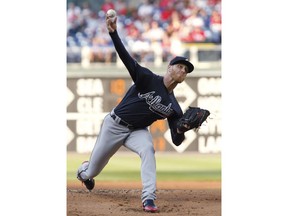 Atlanta Braves pitcher Mike Foltynewicz throws during the first inning of the team's baseball game against the Philadelphia Phillies, Saturday, April 28, 2018 in Philadelphia.