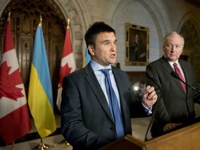Pavlo Klimkin, Ukraine's Minister of Foreign Affairs, speaks a joint press conference with Minister of Foreign Affairs Rob Nicholson on Parliament Hill in Ottawa on Thursday, April 30, 2015.