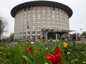 In this Friday April 21, 2017, image the headquarters of the Organization for the Prohibition of Chemical Weapons (OPCW) are seen in The Hague, Netherlands. The OPCW is holding a special executive council meeting Wednesday April 4, 2018, which will likely discuss the nerve agent attack on a former Russian spy and his daughter last month.