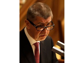 FILE - in this Jan. 10, 2018 file photo Czech Republic's Prime Minister Andrej Babis addresses lawmakers during a Parliament session in Prague, Czech Republic. The Czech Republic has remained in a political limbo six months after the general elections following the collapse of the latest attempt to form a government.