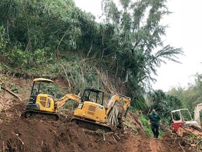 In this Thursday, April 19, 2018, photo provided by the County of Kauai, damage is shown from a recent storm on the island of Kauai in Hawaii. A flash flood warning for the Hawaiian island of Kauai expired Friday, April 20 after a night of heavy rain. The island continues to clean up after a weekend storm left destructive flooding. (County of Kauai via AP)