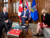 B.C. Premier John Horgan, Prime Minister Justin Trudeau and Alberta Premier Rachel Notley meet to discuss the Trans Mountain pipeline expansion, April 15, 2018.
