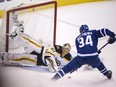 Toronto Maple Leafs centre Auston Matthews attempts to score on Boston Bruins goalie Tuukka Rask on April 23.