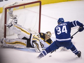 In this April 23 file photo, Toronto Maple Leafs centre Auston Matthews attempts to score on Boston Bruins goalie Tuukka Rask.