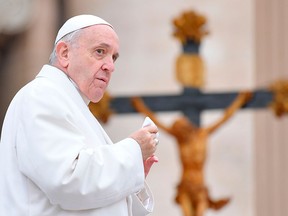 Pope Francis looks on during a weekly general audience at the Vatican's St. Peter's Square on April 4, 2018.