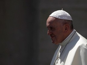 Pope Francis arrives in St. Peter's Square at the Vatican for a special audience with faithful coming from Bologna and Cesena, Saturday, April 21, 2018.