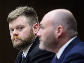 Jeff Silvester, left, and Zackary Massingham of AggregateIQ appear as witnesses at the commons privacy and ethics committee in Ottawa on Tuesday, April 24, 2018.