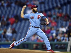 Philadelphia Phillies starting pitcher Jake Arrieta throws during the first inning of a baseball game against the Pittsburgh Pirates, Thursday, April 19, 2018, in Philadelphia.