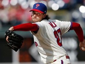 Philadelphia Phillies starting pitcher Aaron Nola throws in the first inning of a baseball game against the Pittsburgh Pirates, Saturday, April 21, 2018, in Philadelphia.