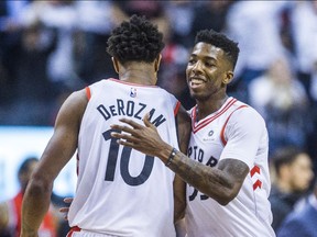 The Toronto Raptors benefited from Delon Wright, right, taking some scoring responsibility late in Game 5 from DeMar DeRozan.