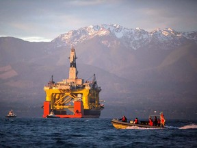 The Transocean Polar Pioneer, a semi-submersible drilling unit operated by Royal Dutch Shell, arrives in Port Angeles, Wash. on April 17, 2015.
