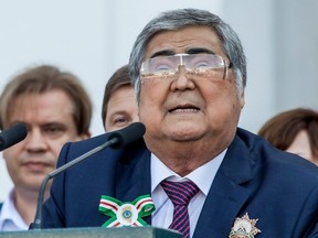 In this Friday, Aug. 26, 2016 file photo, longtime Kemerovo regional Governor Aman Tuleyev speaks to a crowd in the Siberian city of Kemerovo, about 3,000 kilometres east of Moscow, Russia.