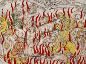 Satan thrown into Hell in a manuscript illustration.