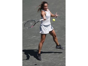 Daria Kasatkina returns the ball against Irina-Camelia Begu during a match, Thursday, April 5, 2018 at the Volvo Car Open tennis tournament in Charleston, S.C.