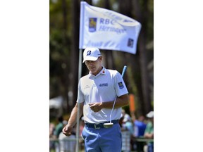 Brandt Snedeker sizes up his putt on No. 9 during the second round of the RBC Heritage golf tournament at Harbour Town Golf Links on Hilton Head Island, S.C., Friday, April 13, 2018.