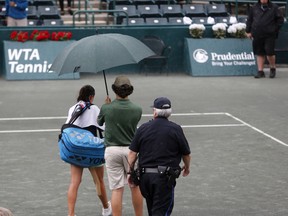 Anastasija Sevastova, from Latvia, leaves the court due to a rain delay in during a semifinal match against Julia Goerges, from Germany, at the Volvo Car Open tennis tournament in Charleston, S.C., Saturday, April 7, 2018. Play was suspended due to rain in the first set with them tied 4-4.