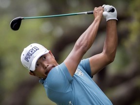 Satoshi Kodaira of Japan watches his drive off the 16th tee during the final round of the RBC Heritage golf tournament in Hilton Head Island, S.C., Sunday, April 15, 2018.