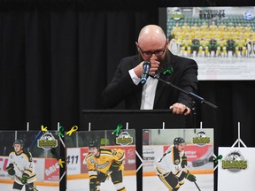 Pastor Sean Brandow speaks during a vigil at the Elgar Petersen Arena, home of the Humboldt Broncos, to honour the victims of a fatal bus accident in Humboldt, Sask. on Sunday, April 8, 2018.