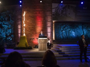 Israeli Prime Minister Benjamin Netanyahu speaks during the Holocaust Remembrance Day ceremony at the Yad Vashem Holocaust memorial in Jerusalem, Wednesday, April 11, 2018.  Israel is commemorating its Holocaust Remembrance Day in memory of the 6 million Jews systematically killed by Nazi Germany and its collaborators during World War II.