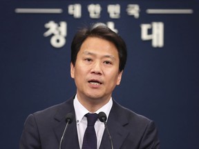 South Korean presidential chief of staff Im Jong-seok speaks during a press conference at the presidential Blue House in Seoul, South Korea, Tuesday, April 17, 2018. Lim told reporters that it'll be critical to get the North Korean leader directly confirm his commitment for denuclearization during the April 27 inter-Korean summit talks.