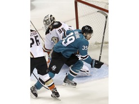 San Jose Sharks center Logan Couture (39) reacts after scoring a goal against Anaheim Ducks goalie John Gibson (36) during the first period of Game 3 of an NHL hockey first-round playoff series in San Jose, Calif., Monday, April 16, 2018.