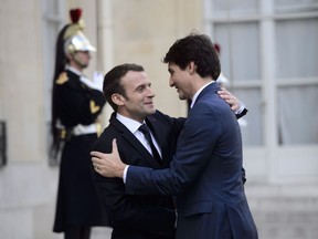 Prime Minister Justin Trudeau meets with French President Emmanuel Macron at the Palais de l'Elysee in Paris, France on Monday, April 16, 2018.