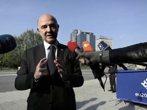 European Commissioner for Economic and Financial Affairs Pierre Moscovici speaks prior to Eurogroup meeting at the National Palace of Culture in Sofia, Bulgaria, Friday, April 27, 2018.