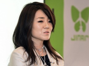 In this June 27, 2014, photo, Korean Air senior Vice President Cho Hyun-min, also known as Emily Cho, speaks during a press conference in Seoul, South Korea. Korean Air Lines said Monday, April 16, 2018, it has suspended Cho from her marketing work after she threw a tantrum at a business meeting, triggering public outrage and a police investigation.