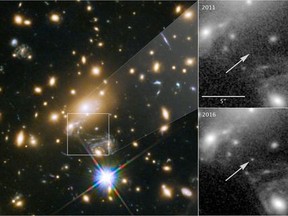 Icarus, the farthest individual star ever seen. The panels at the right show the view in 2011, without Icarus visible, compared with the star's brightening in 2016. MUST CREDIT: P. Kelly/University of Minnesota/NASA/ESA.