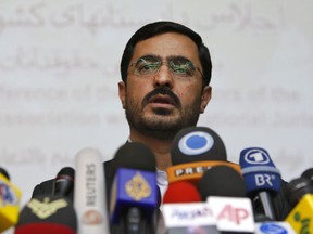 FILE- In this April 19, 2009, Tehran former prosecutor Saeed Mortazavi, speaks to the media at a news conference in Tehran, Iran. Iran's official judicial news agency is reporting that police have arrested the former Tehran prosecutor who faces a two-year prison sentence over the death of prisoners following the country's 2009 protests.