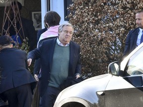 United Nations Secretary-General Antonio Guterres, center, arrives in Ystad, southern Sweden Saturday, April 21, 2018, to attend a meeting with the U.N. Security Council on Syria.