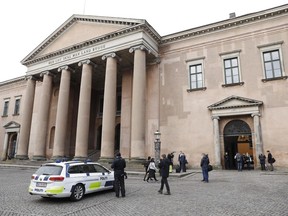 This photo shows the Copenhagen City Council which holds the penultimate hearing in the case against Peter Madsen, in Copenhagen, Denmark Monday, April 23, 2018. Peter Madsen is charged with murdering and dismembering Swedish journalist Kim Wall aboard his homemade submarine. The case began March 8 and continues on April 25.