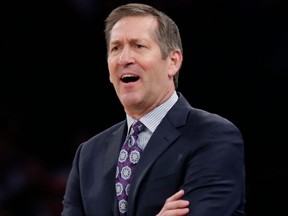 FILE - In this March 15, 2018 file photo, New York Knicks head coach Jeff Hornacek calls to his team during the first half of an NBA basketball game against the Philadelphia 76ers, in New York. The New York Knicks have fired coach Hornacek after two seasons, a person with knowledge of the decision said early Thursday, April 12, 2018.