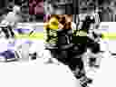 Boston Bruins forward David Pastrnak celebrates after scoring against the Toronto Maple Leafs on April 25.
