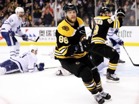 Boston Bruins forward David Pastrnak celebrates after scoring against the Toronto Maple Leafs on April 25.