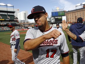 Minnesota Twins pitcher Jose Berrios gestures as he walks off the field after closing out a win over the Baltimore Orioles on April 1.