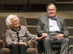 FILE - This March 8, 2017 file photo shows former U.S. President George H.W. Bush and former first lady Barbara Bush at an awards ceremony hosted by Congregation Beth Israel in Houston. George, who will turn 94 in June 2018, was hospitalized Sunday, April 22, 2018, with sepsis, an infection that spread to his bloodstream It's a serious condition at any age, but he is said to be responding to treatments and recovering.