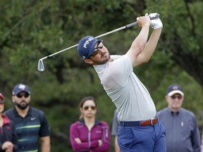 Andrew Landry tees off on the seventh hole during the third round at the Valero Texas Open golf tournament, Saturday, April 21, 2018, in San Antonio, Texas.
