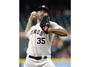Houston Astros' starting pitcher Justin Verlander (35) throws against the Los Angeles Angels during the first inning of a baseball game Wednesday, April 25, 2018, in Houston.