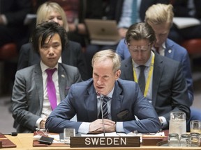 Swedish Ambassador to the United Nations Olof Skoog speaks during a Security Council meeting on the situation in Syria, Saturday, April 14, 2018 at United Nations headquarters.