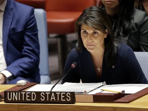 United States Ambassador to the United Nations Nikki Haley speaks at a Security Council meeting at United Nations headquarters, Thursday, April 19, 2018.