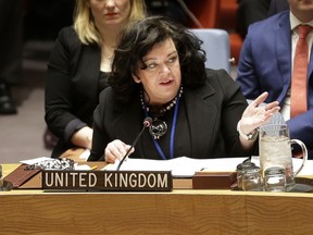 British Ambassador to the United Nations Karen Pierce speaks at U.N. headquarters, Thursday, April 19, 2018.