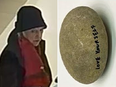 The suspect and the stolen rock from the interactive Yoko Ono exhibit.